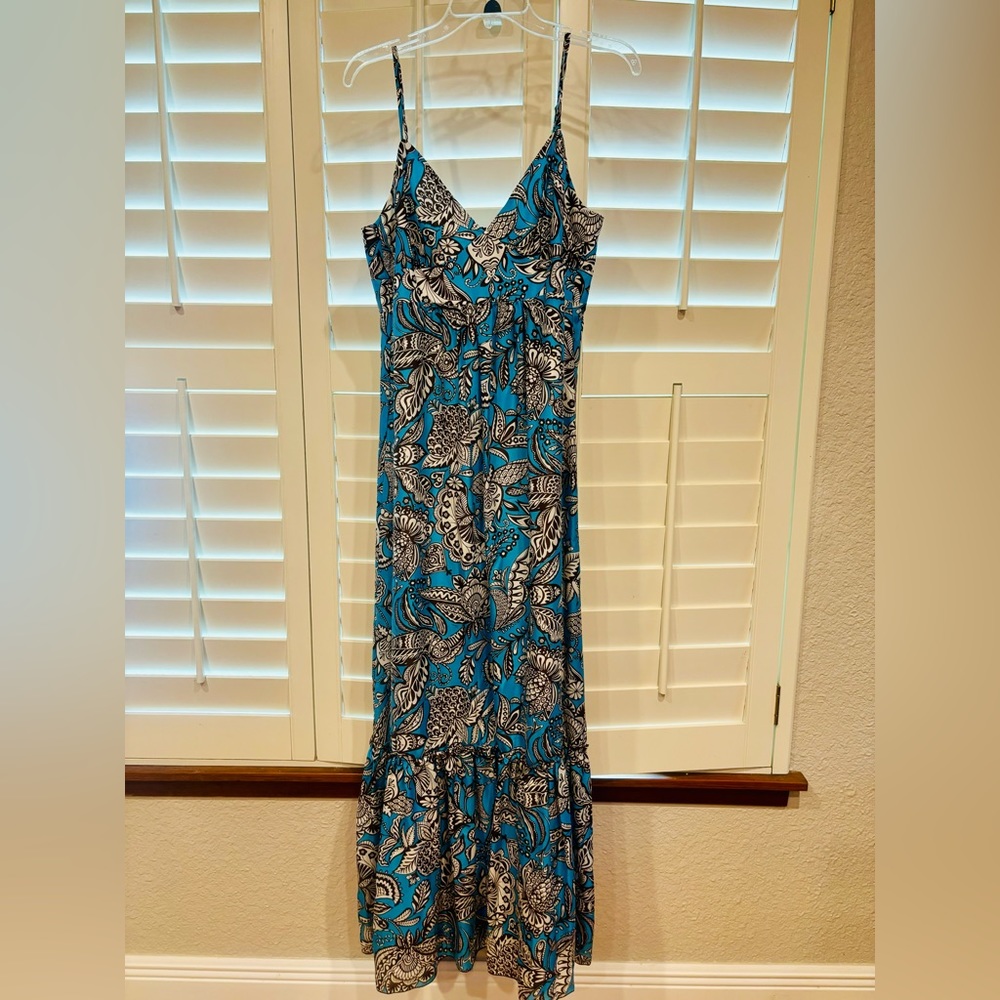 Vibrant Trina Turk LA Turquoise Brown Floral Silk Maxi Dress Sz 12 pockets